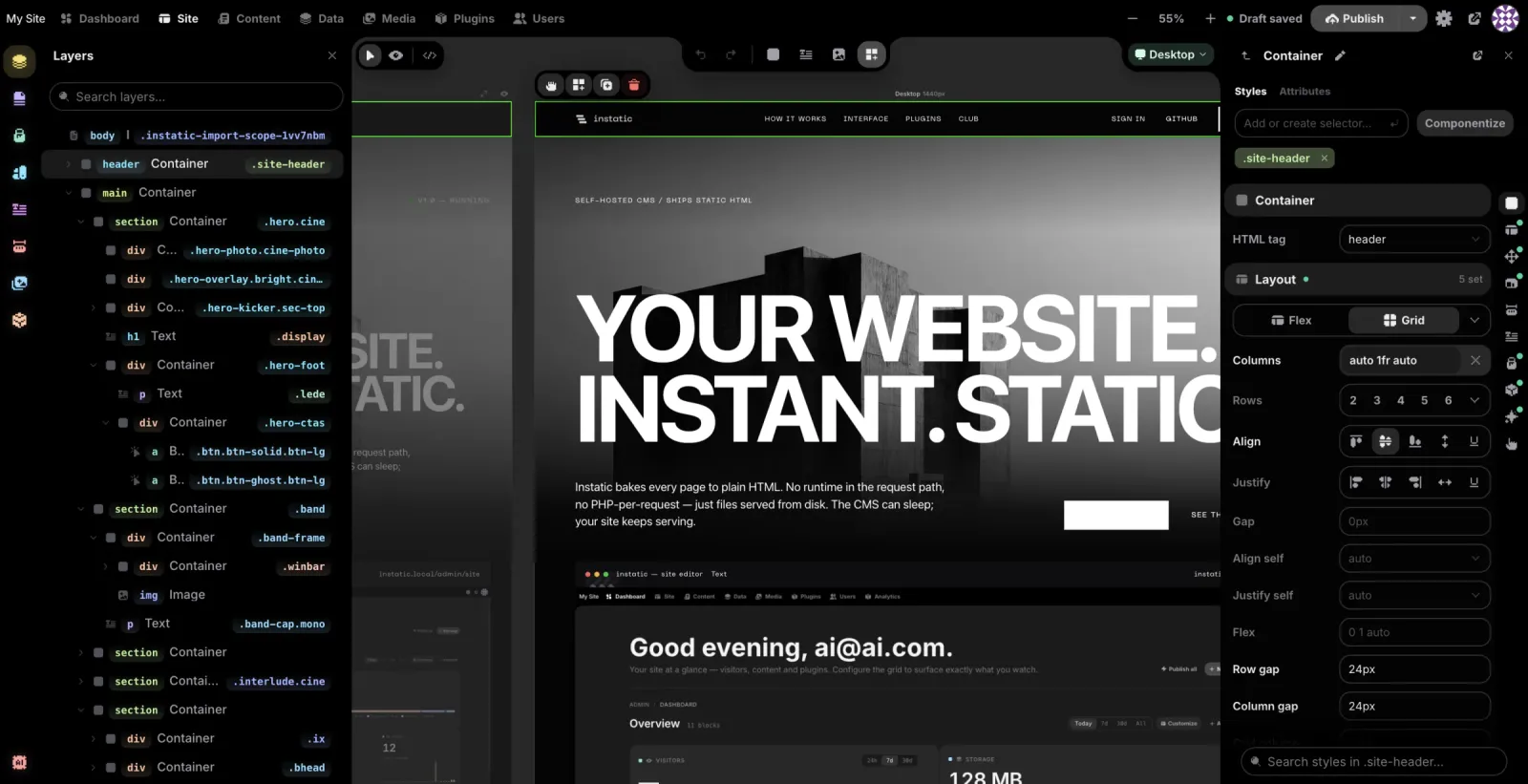Instatic visual editor with layer tree, website canvas, and style controls