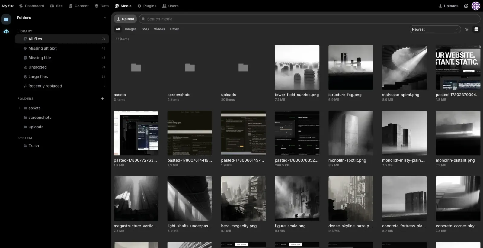Instatic media library with folders, filters, upload controls, and image assets