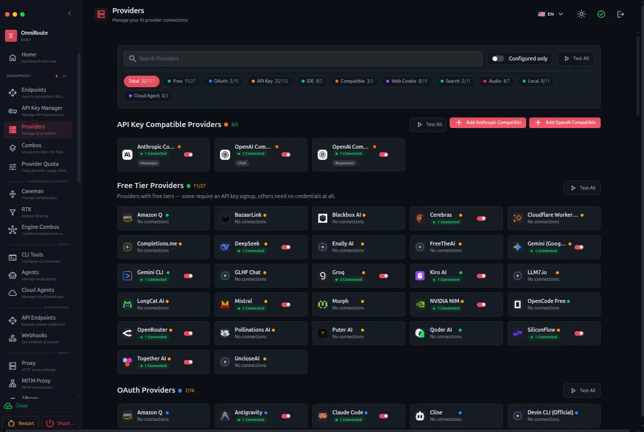 OmniRoute provider dashboard showing configured and available AI providers