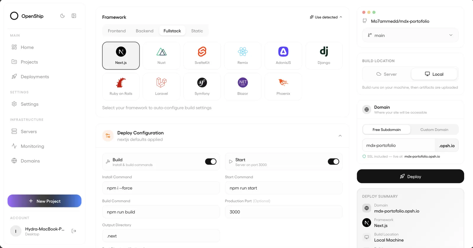 OpenShip deployment dashboard with framework, build, domain, and deploy controls