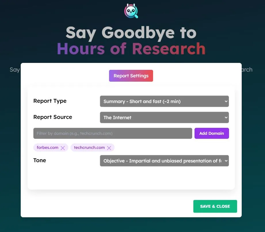 GPT Researcher Next.js 域名筛选界面