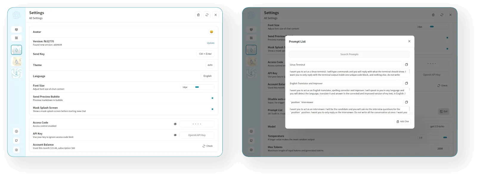NextChat 设置界面