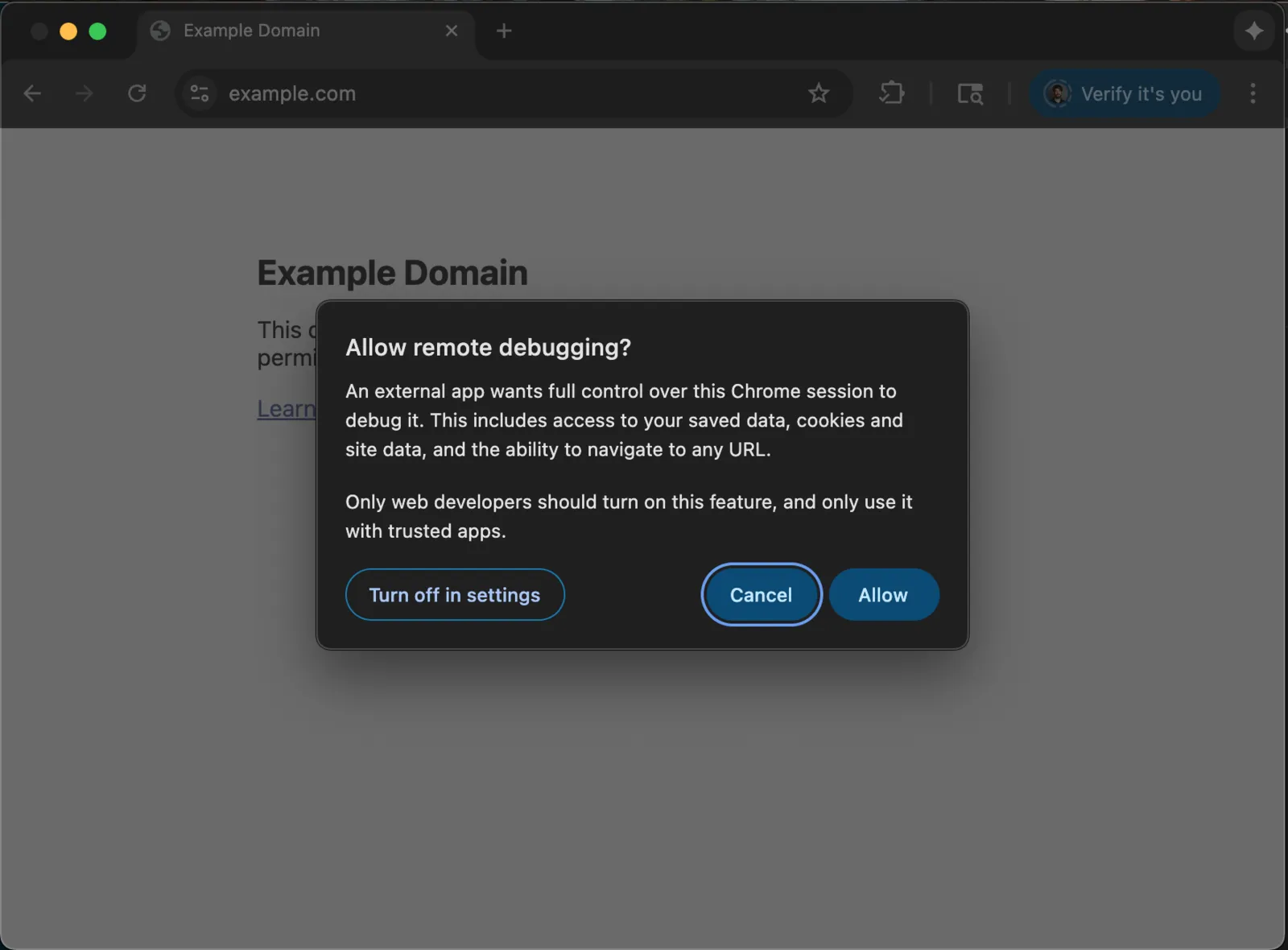 Chrome DevTools MCP 远程调试授权对话框