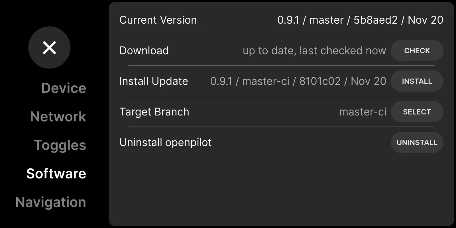 openpilot 软件更新器界面