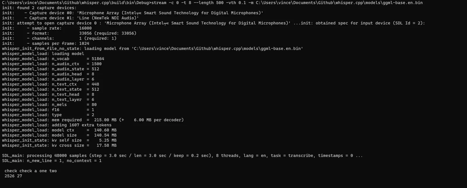 whisper.cpp 流式转录终端输出