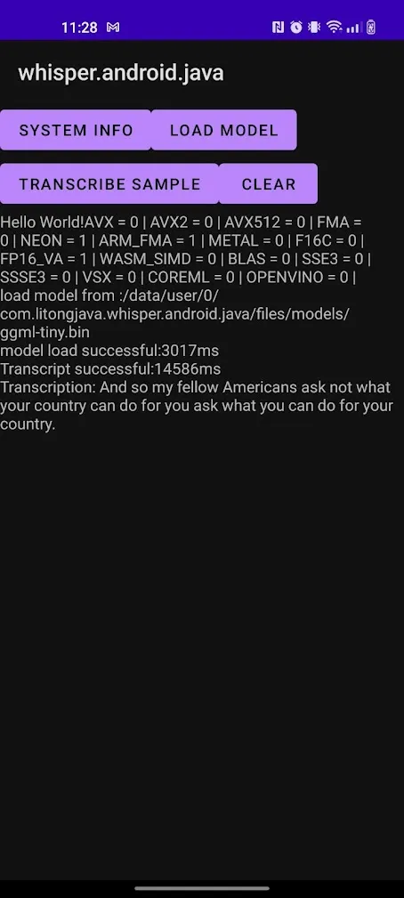 whisper.cpp Android Java 示例运行界面