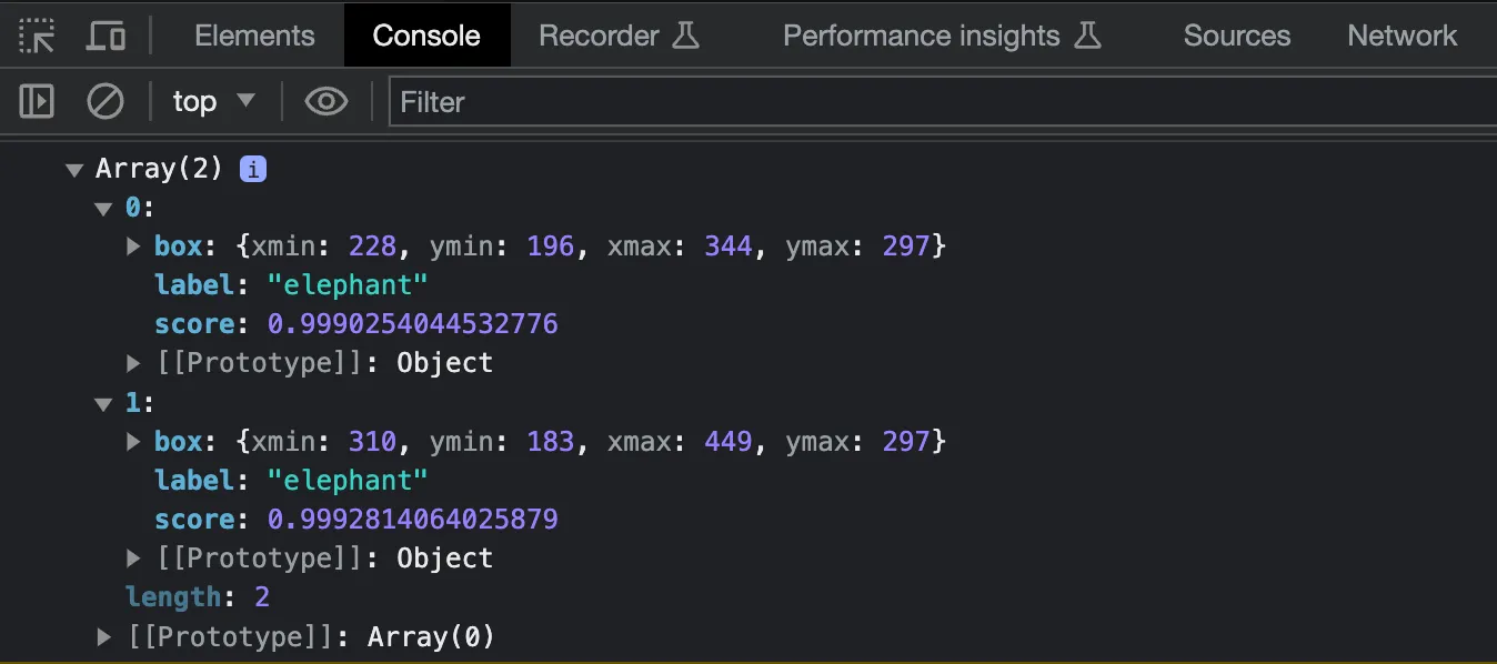 Transformers.js 目标检测控制台输出