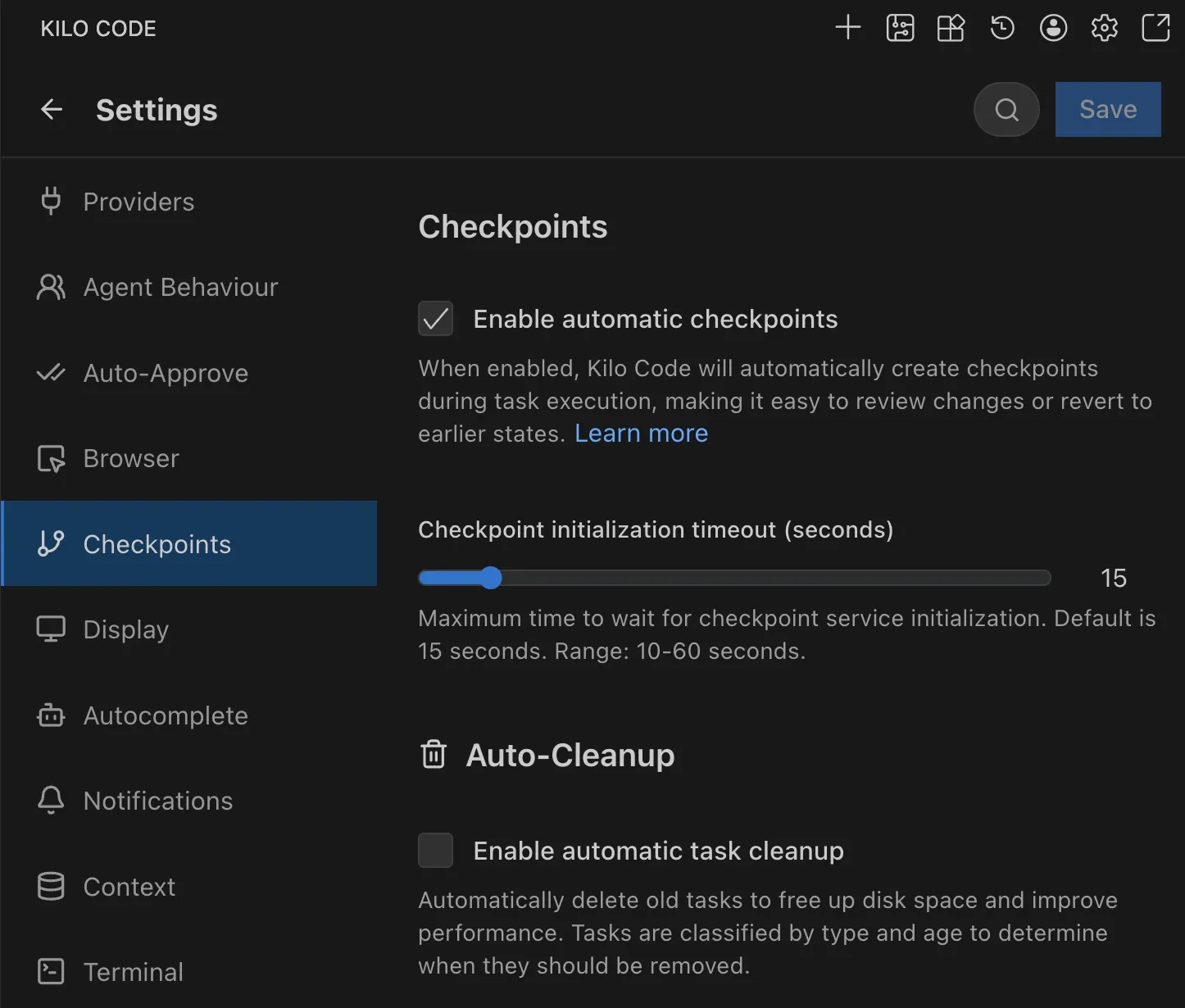 Kilo Code Checkpoints 界面