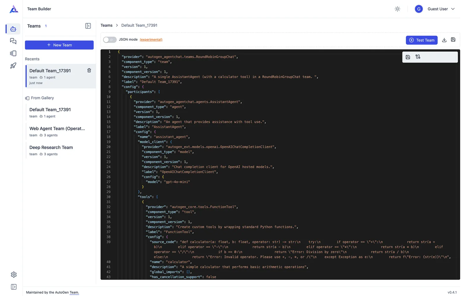 AutoGen Studio JSON 编辑器