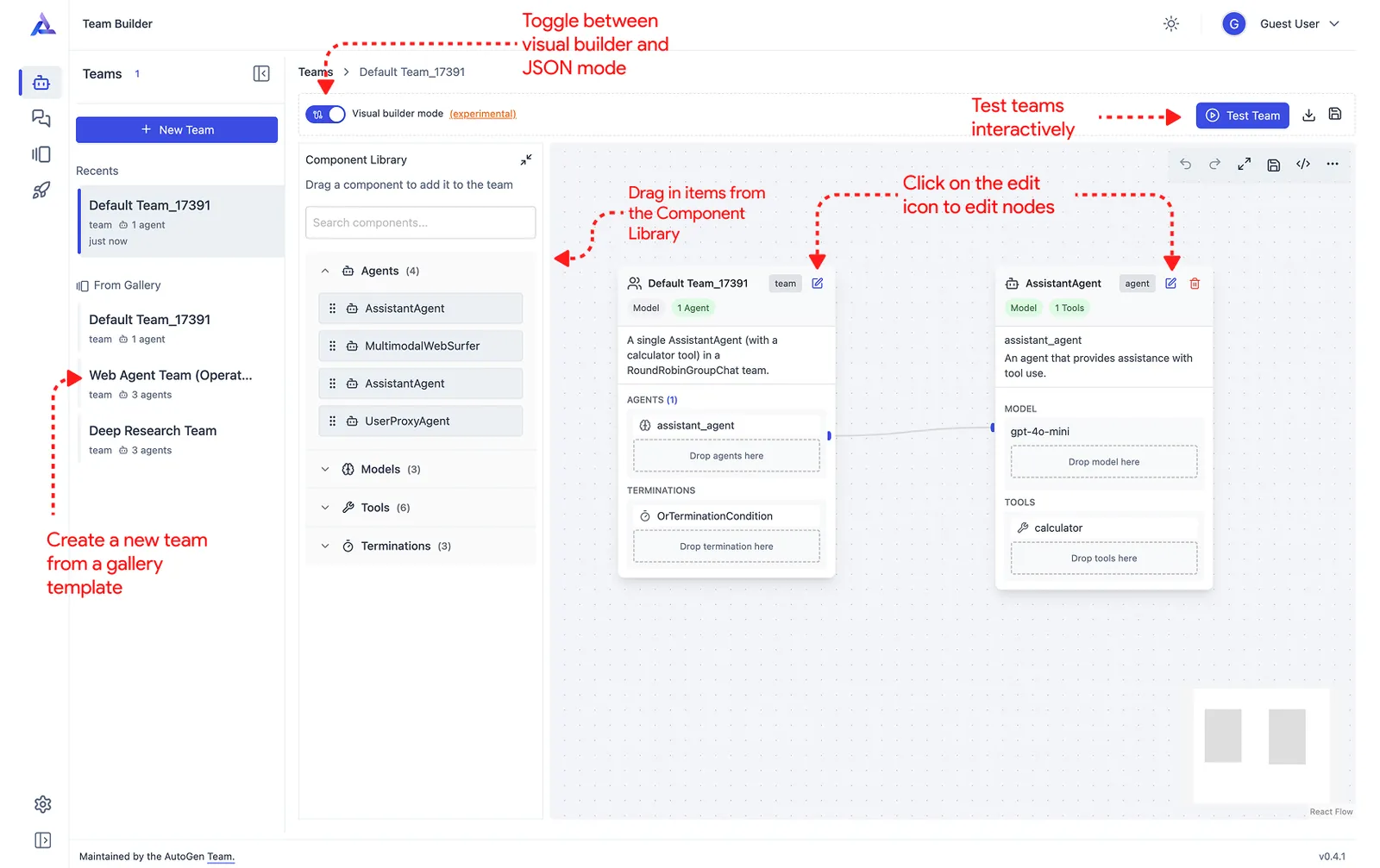 AutoGen Studio Team Builder 界面