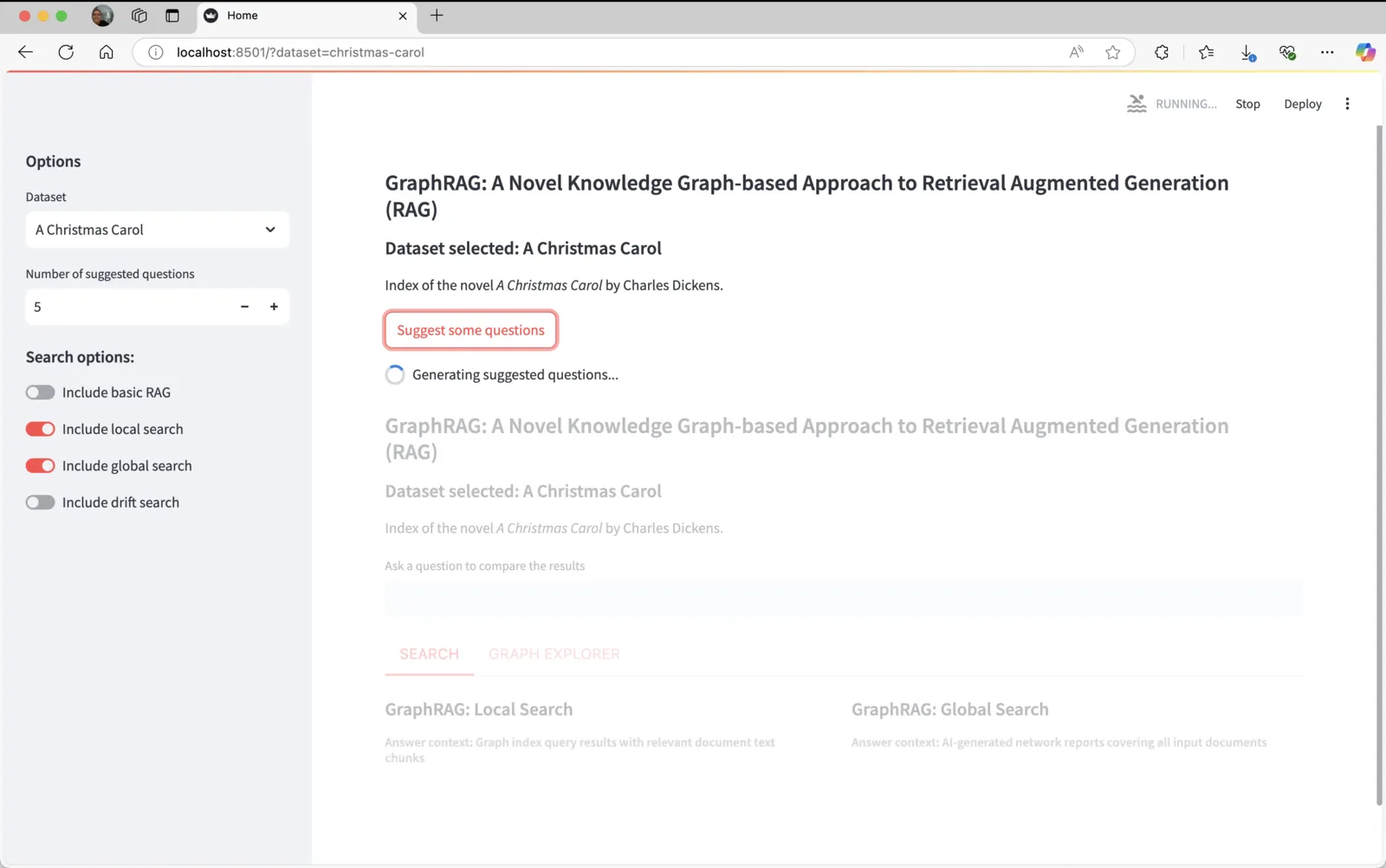 GraphRAG Unified Search 推荐问题界面