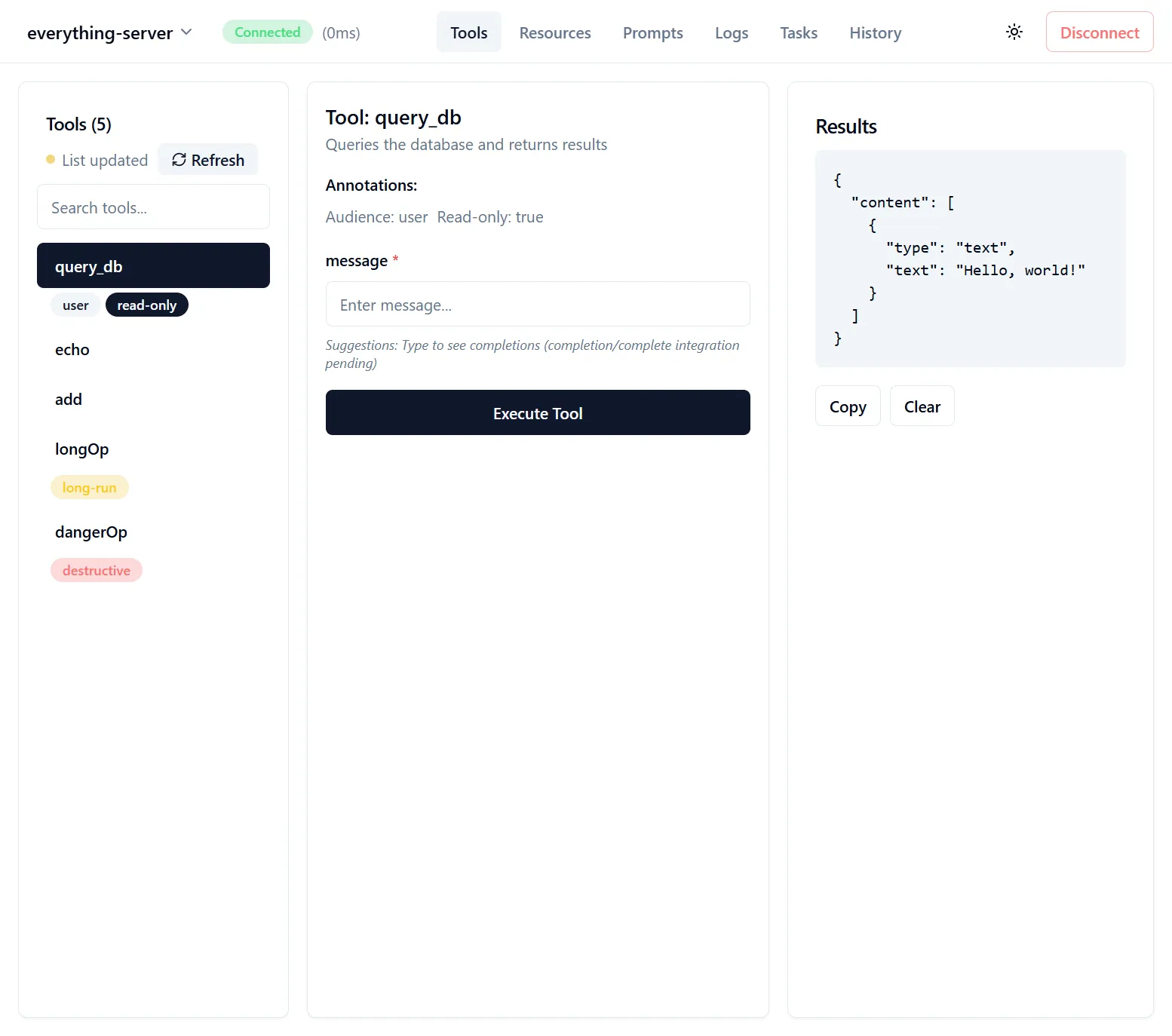 MCP TypeScript SDK 的 Inspector 工具面板