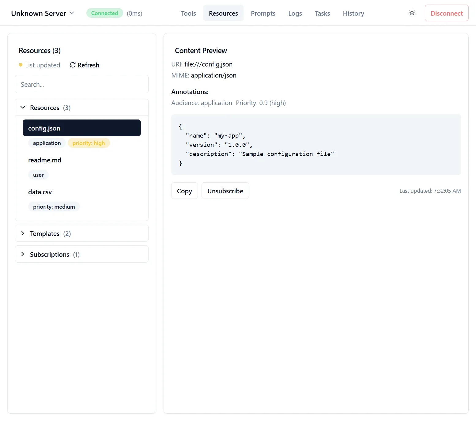 MCP TypeScript SDK 的 Inspector 资源面板