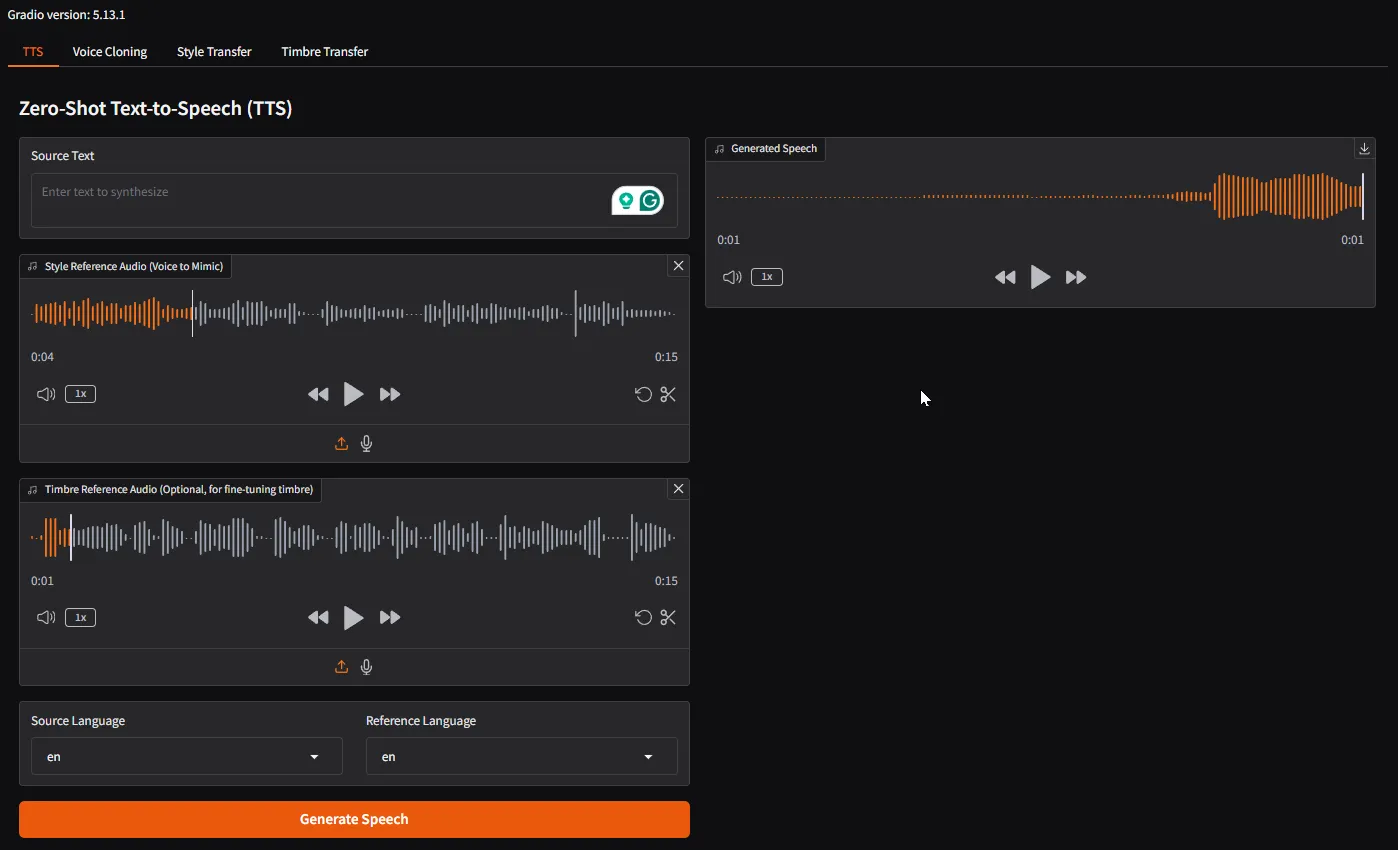 Amphion Vevo 零样本语音生成界面