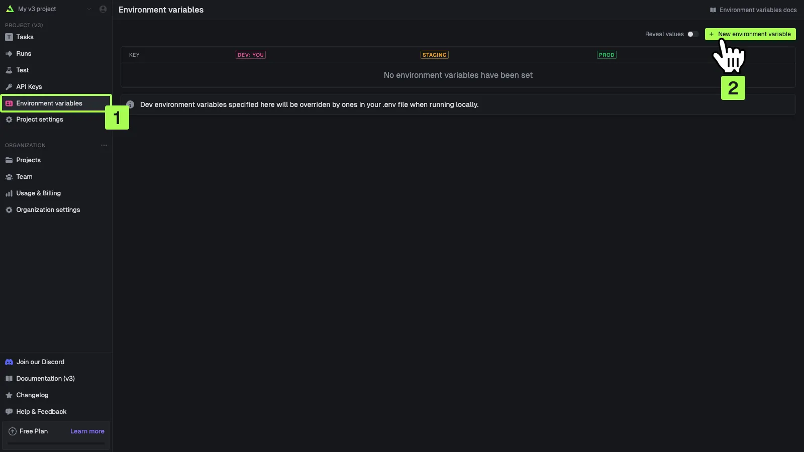Trigger.dev 环境变量管理页