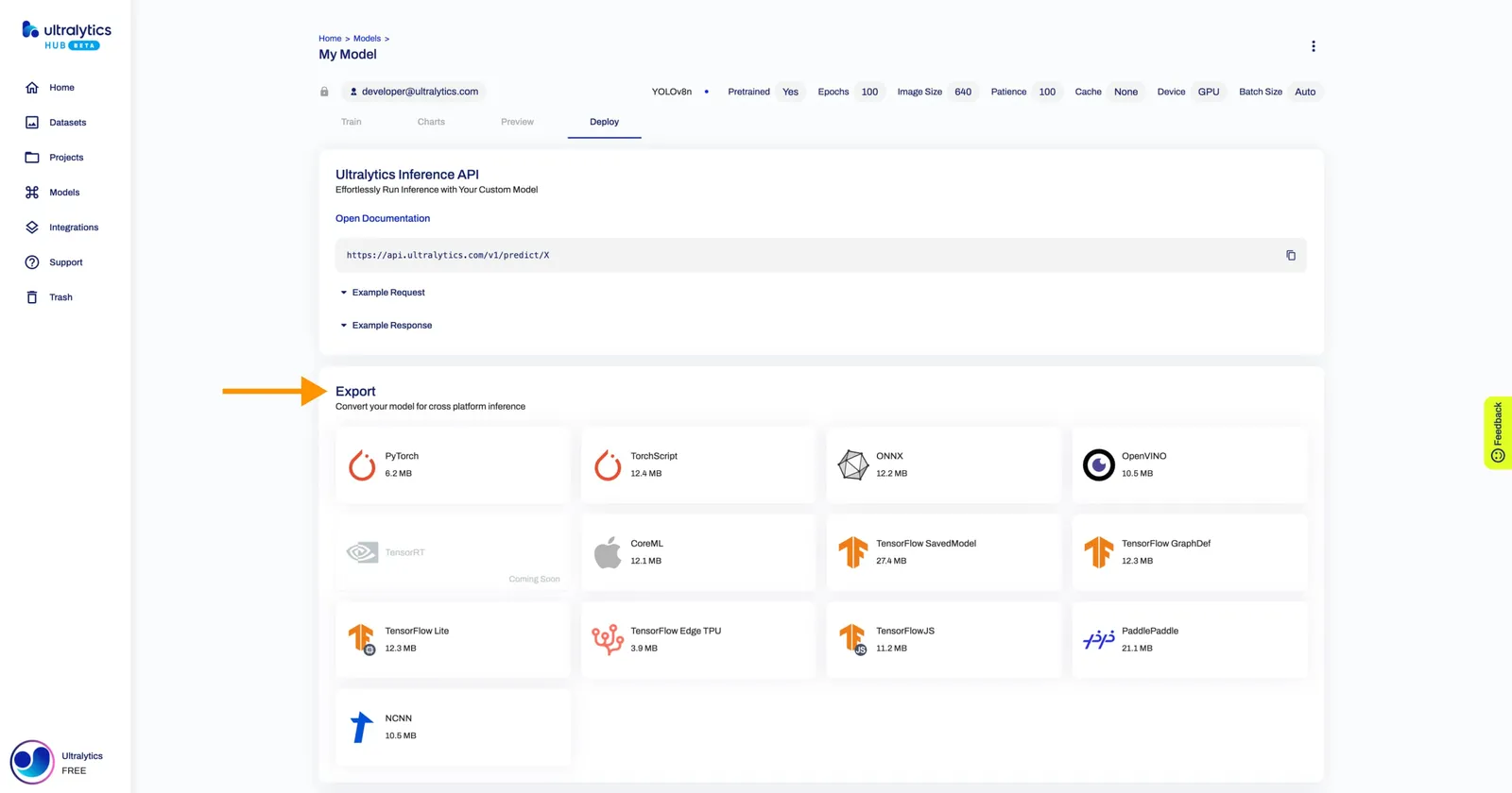 Ultralytics HUB 模型部署界面
